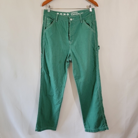 S.O.N.G. Carpenter 90's Boyfriend Jeans Sz 11/30 Green Straight Leg High-Rise - Picture 1 of 12